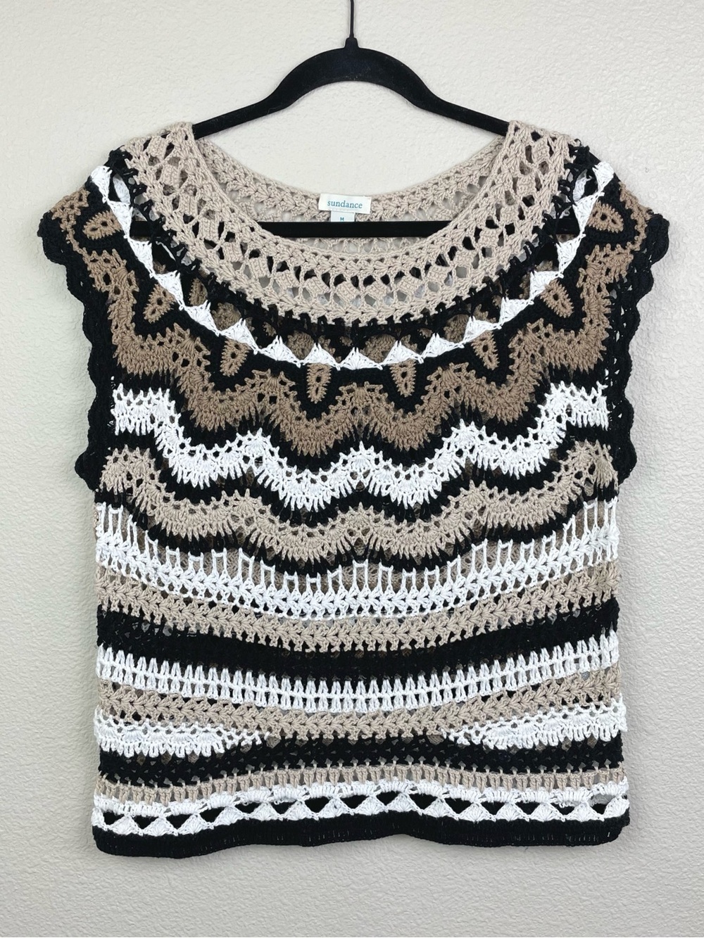 Sundance Women's Medium Crochet Short Sleeve Knit Top Cotton Tan Balck Stripe
